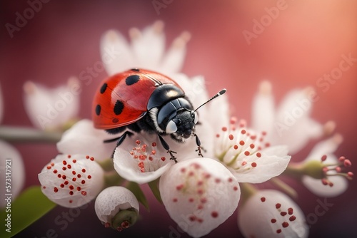 Spring time: close-up picture of red ladybug on the blossoming cherry tree Fototapet