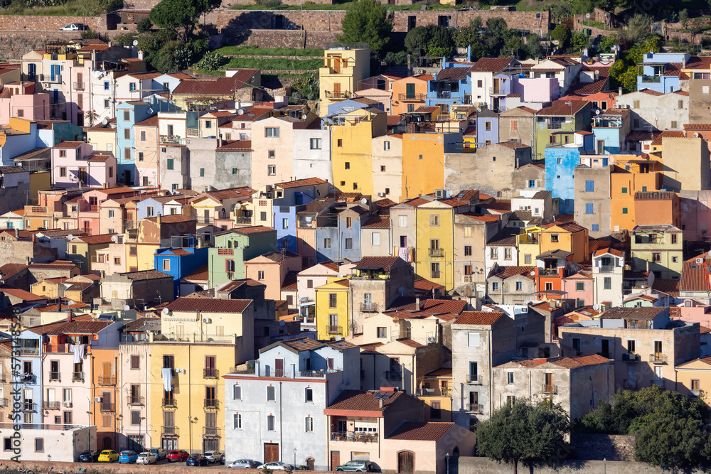 Homes and Apartments in Touristic Town. Bosa, Sardinia, Italy. Sunny Fall Season Day.