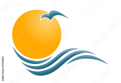 Symbol of the sun and sea with a flying bird.