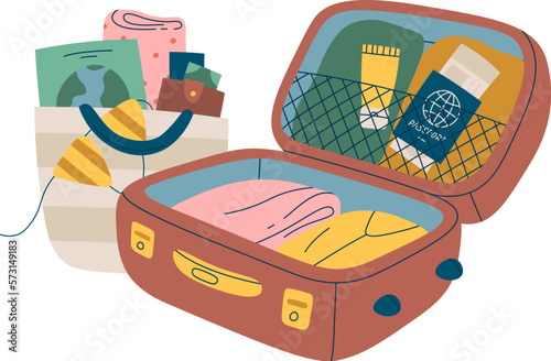Open suitcase full of clothes flat icon