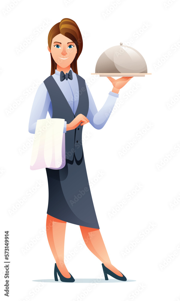 Waitress holding a food cartoon character illustration Waitress holding a food cartoon character illustration