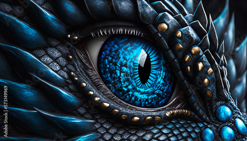 Dragon eye in close-up. Dark background. Fantasy monster looking. Realistic dinosaur eye. Macro shot of a predatory magical animal. Image AI generated. photo