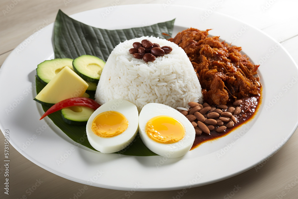 Illustration of delicious nasi lemak served on white plate. Nasi lemak is popular meal in Malaysia, Singapore. Images created with Generative AI technology