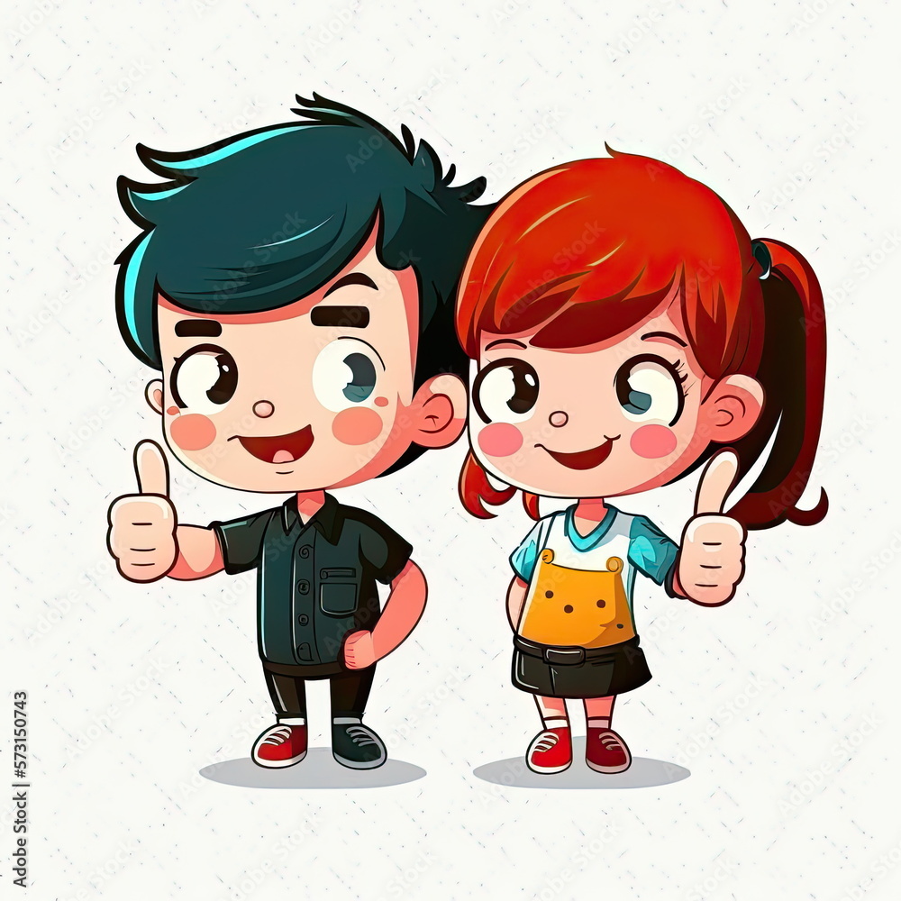 Thumb up signal, boy and girl cartoon character, vector illustration ...