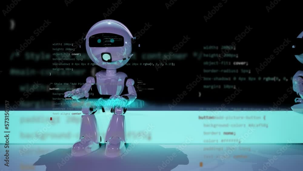 siting robot on neon light with working on code programming web site on virtual hud interface keyboard style template concept siting robot on neon light with working on code programming web site on virtual hud interface keyboard style template concept