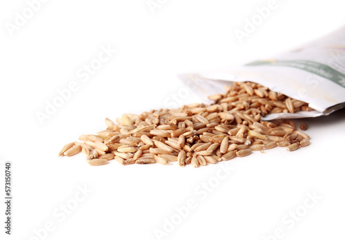 Cat grass seeds in front of seed package, close up. Random pile of catgrass seeds in front of a paper Envelope. Grow your own cat grass. Also known as Avena sativa or organic oats. Selective focus.
