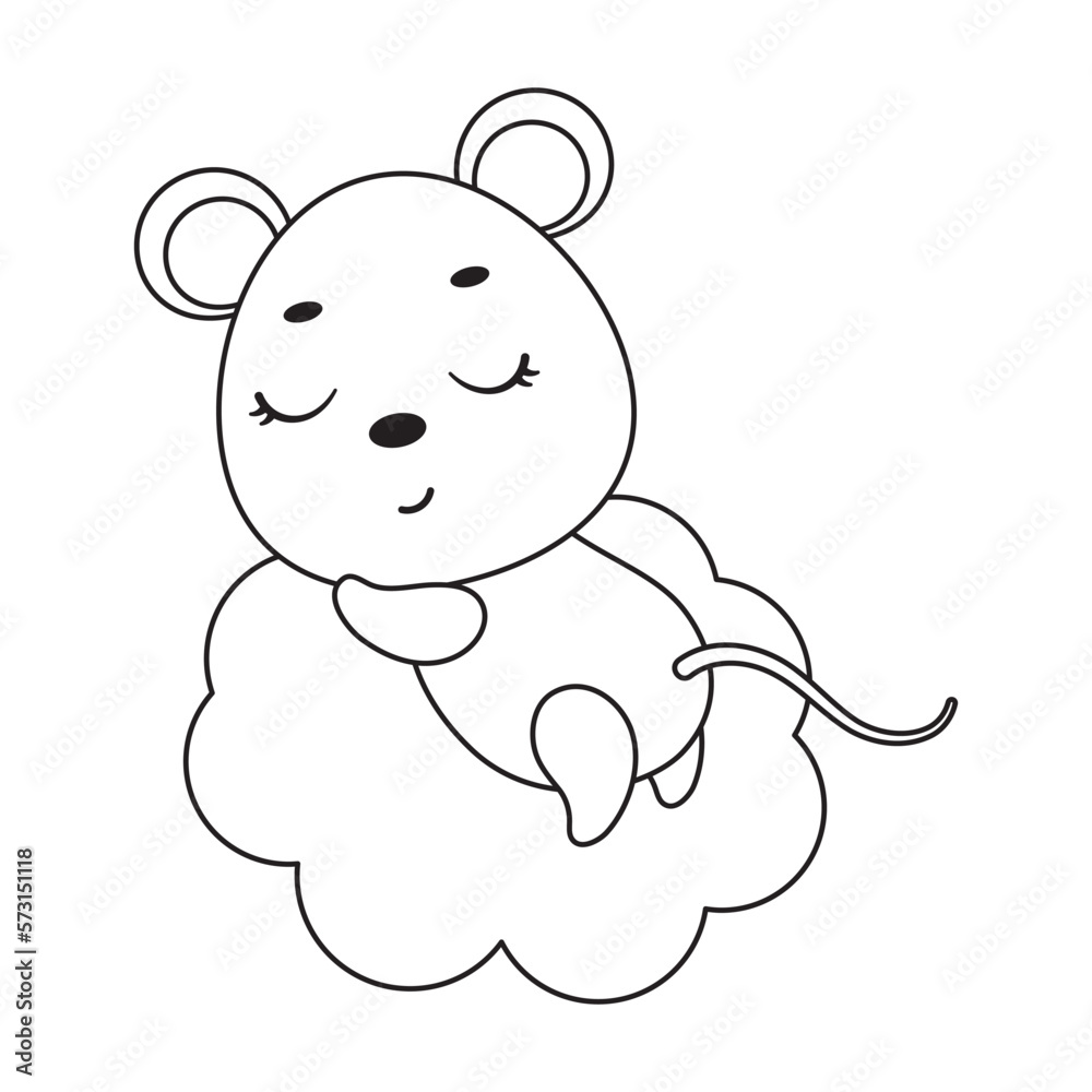 Fototapeta premium Coloring page cute little mouse sleeping on cloud. Coloring book for kids. Educational activity for preschool years kids and toddlers with cute animal. Vector stock illustration