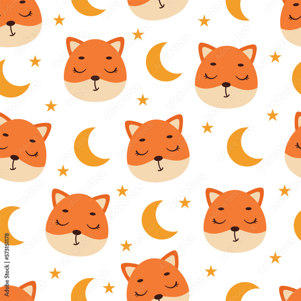 Cute little slipping fox head seamless childish pattern. Funny cartoon animal character for fabric, wrapping, textile, wallpaper, apparel. Vector illustration