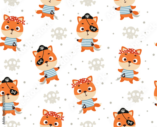 Cute little pirate fox seamless childish pattern. Funny cartoon animal character for fabric, wrapping, textile, wallpaper, apparel. Vector illustration