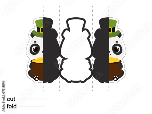 Cute panda in green leprechaun hat holds bowler with gold coins. Irish holiday folklore theme. Fold long greeting card template. Printable color scheme. Print, cut out, fold. Vector illustration