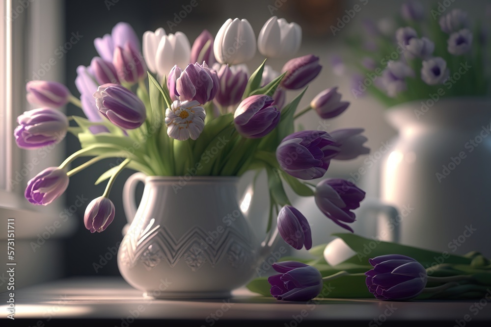 Bouquet of tender tulip buds in a vase by the window, ai generated Bouquet of tender tulip buds in a vase by the window, ai generated