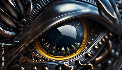 Alien eye in close-up. Science fiction character. Fantasy predator looking. Realistic alien eye. Macro shot of a predatory magical animal. Image AI generated. © Andrey Shtepa