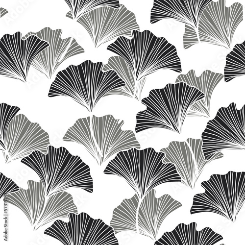Seamless floral pattern with ginkgo biloba leaves. Art flowers on color background. Decorative sceleton leaf. Vector hand drawn illustration. Minimal linear style