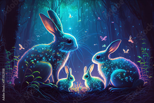 Cute family Easter bunnies in magical forest with sparkling fireflies and bright colors, illustration like in fairy tale book. Generative AI © Postproduction
