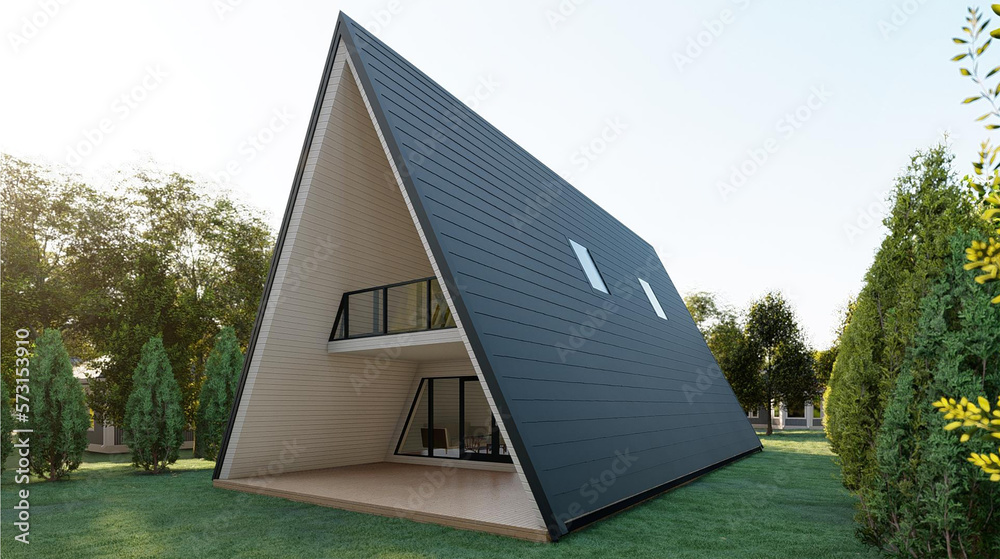 Triangular frame house wooden with two-story. High quality render. 3d ...