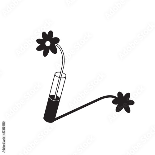 Black and white flower illustration, on white background. Flower in vase, with black shadow.