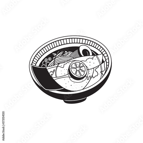 Black and white ramen illustration, on white background.