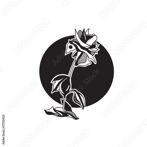 Rose silhouette in black, on white background.
