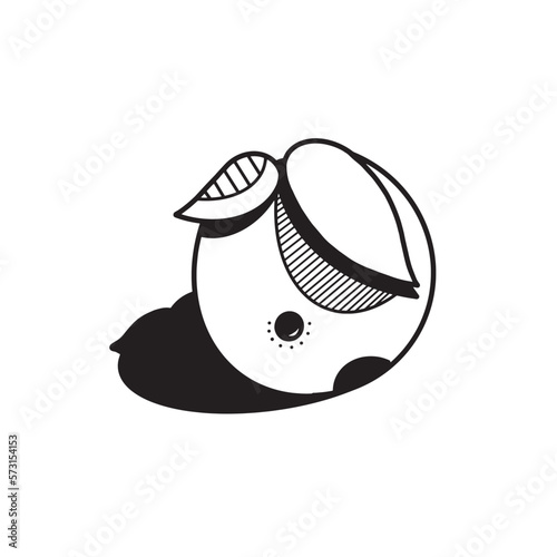 Tangerine black and white illustration, on white background. Tangerine with leaves and shadow.