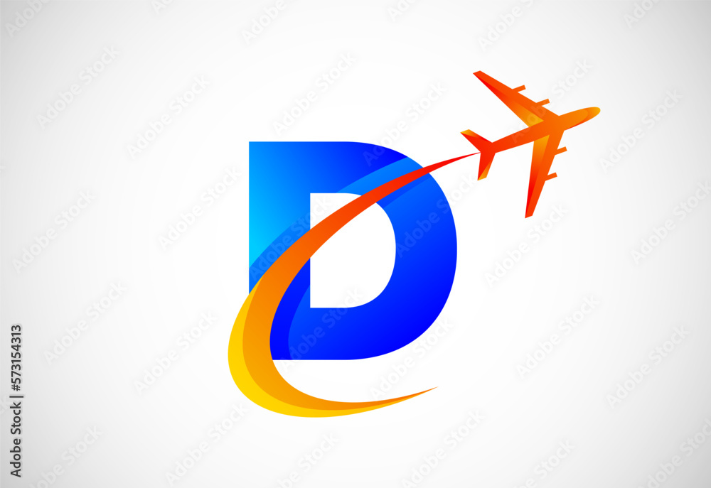 Initial D alphabet with a swoosh and airplane logo design. Suitable for travel companies or business Initial D alphabet with a swoosh and airplane logo design. Suitable for travel companies or business