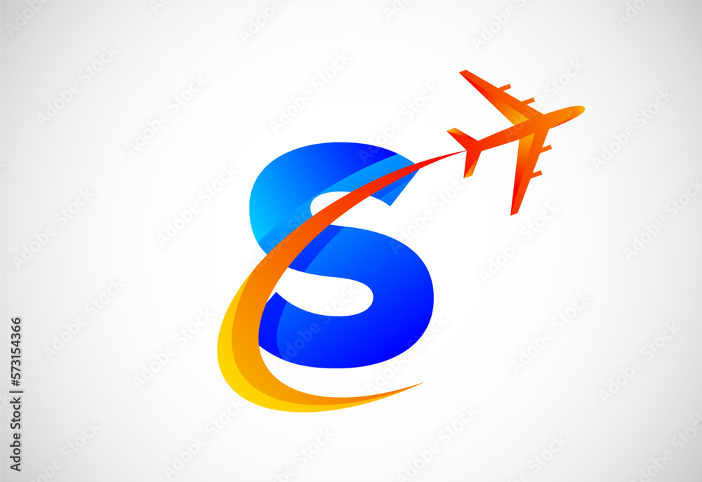 Initial S alphabet with a swoosh and airplane logo design. Suitable for travel companies or business Initial S alphabet with a swoosh and airplane logo design. Suitable for travel companies or business