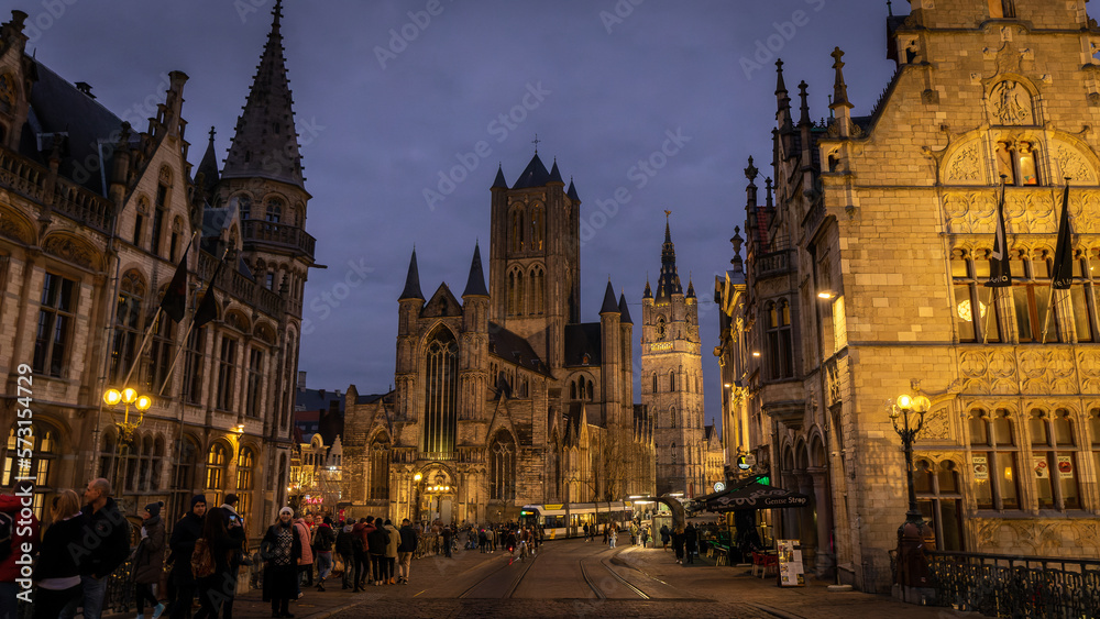 Famous architecture and cityscape in Gent, Belgium in January 2023
