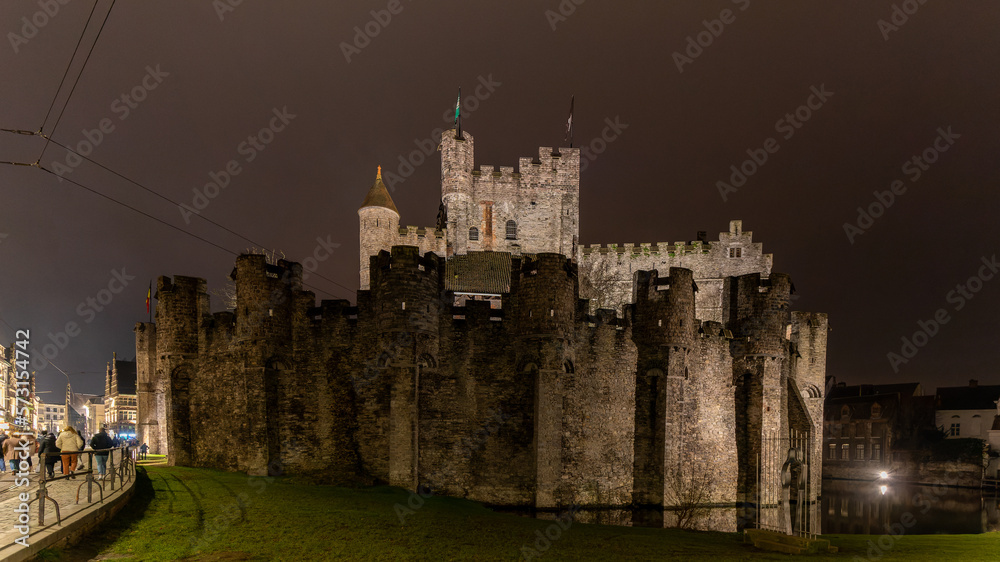 Belgian medieval castle at night in Gent, Belgium in January 2023