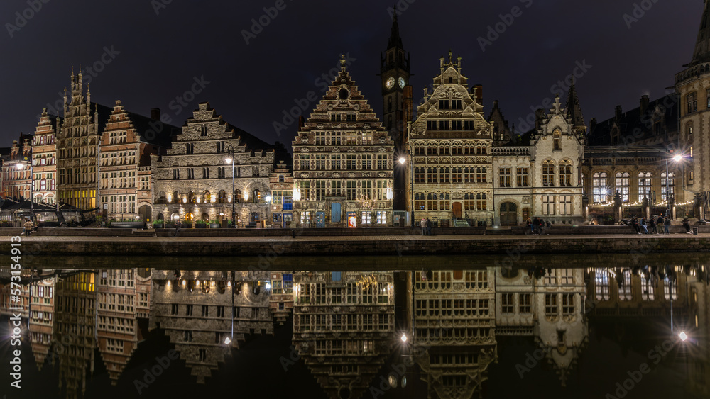 Beautiful reflections of water at night in Gent, Belgium in January 2023