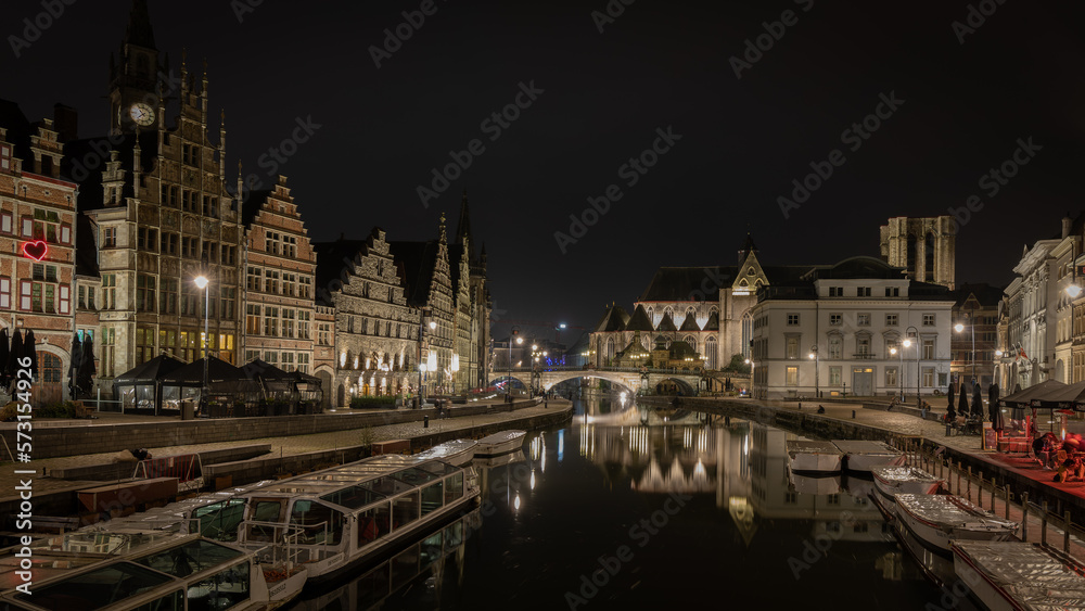 Cityscape at night and water reflection in Gent, Belgium in January 2023