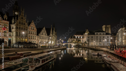 Cityscape at night and water reflection in Gent, Belgium in January 2023