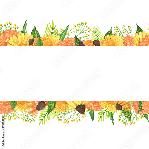 Hand-drawn watercolor borders with garden flowers: zinnia, coneflowers, goldenrod and fern. An illustration for printing design, textile, scrapbooking. Isolated on white. 