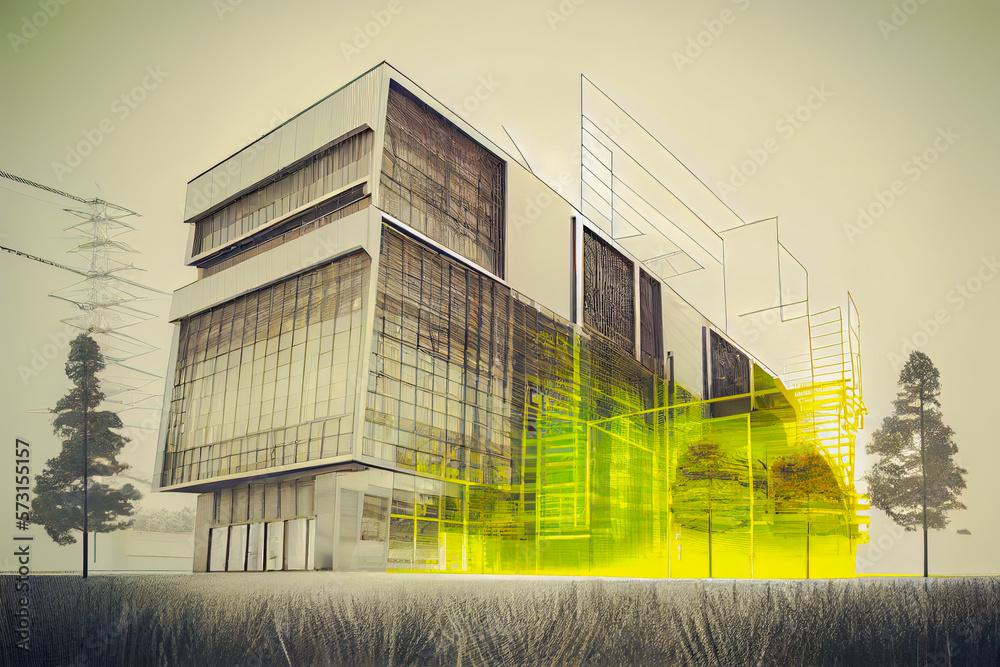 Drawing of a new luxurious building, eco friendly living concept house