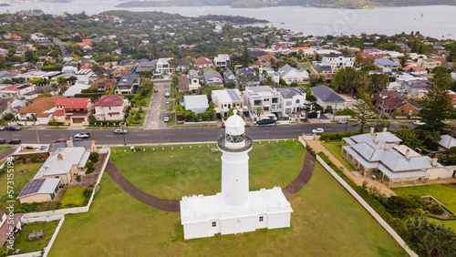 Aerial drone view of Macquarie Lighthouse at Lighthouse Reserve and Christison Park in Vaucluse, East Sydney, NSW Australia  photo