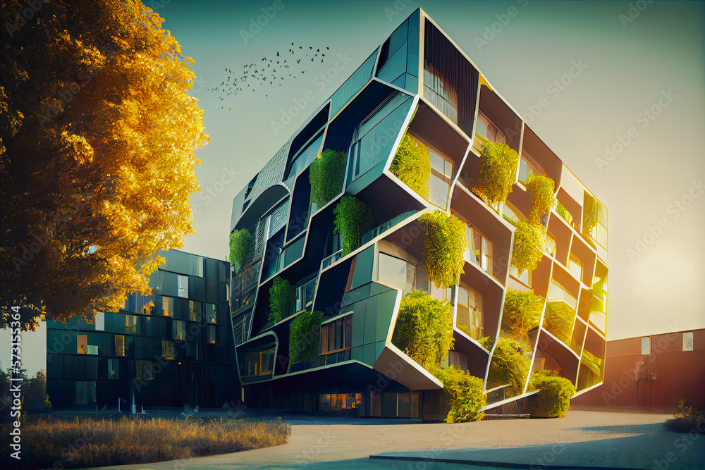 Exterior image of a new luxurious modern building, eco friendly living