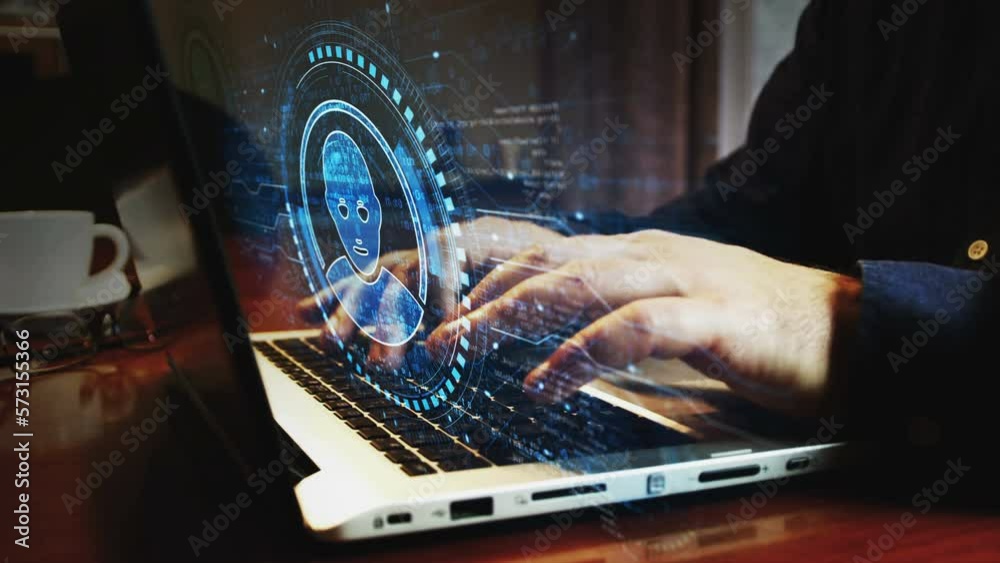Social media chat face and artificial intelligence head symbol and man typing computer keyboard. Hands on laptop. Network, cyber technology and background abstract concept.