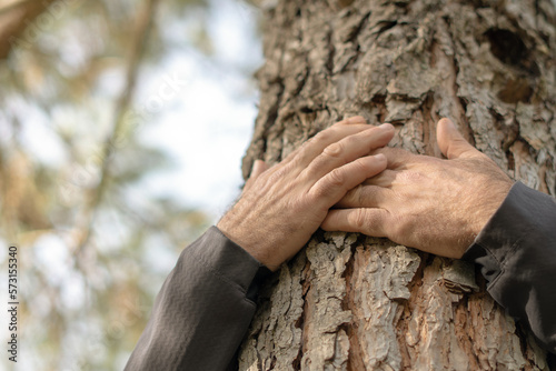 man hugging a tree