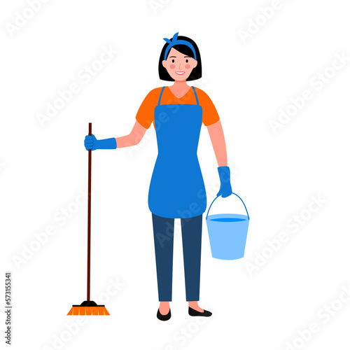 Cleaning service woman in flat design on white background. Janitor concept.