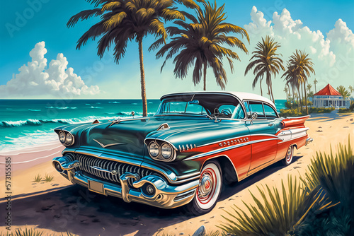 Illustration of Luxury vintage car at the beach, AI-Generated image. photo