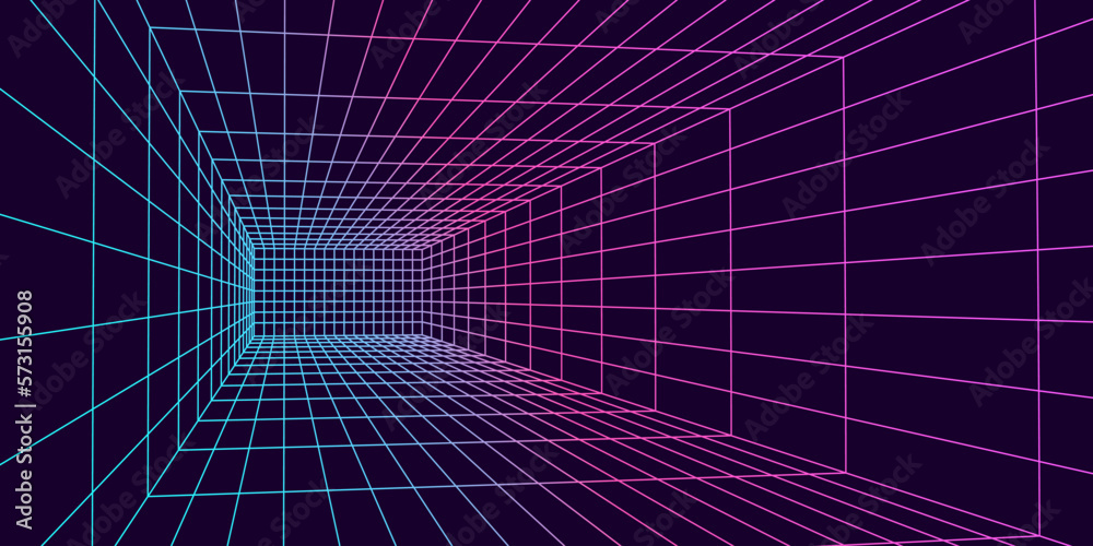Naklejka premium 3D wireframe room colorful on dark background. Abstract perspective grid. Vector illustration.