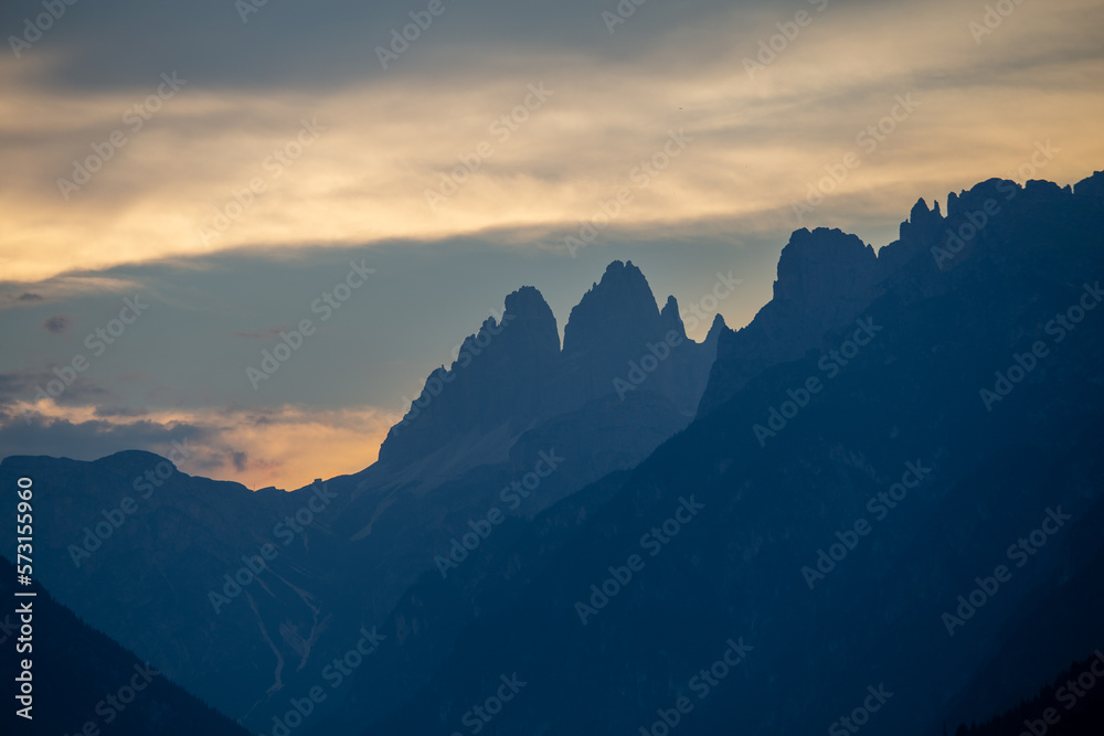 Dolomites sharp mountains after sunset