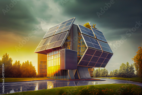 Exterior image of a new industrial modern building, eco friendly living concept house. Green energy house/home. Solar panels. Real estate and ecology concept. Generative AI technology