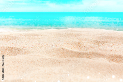 Tropical island beach nature blurred bokeh background  yellow sand  blue sea water  turquoise ocean  sunny sky white clouds  summer holidays template  vacation concept  travel banner  empty copy space