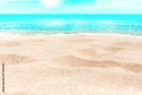 Tropical island beach nature blurred bokeh background, yellow sand, blue sea water, turquoise ocean, sunny sky white clouds, summer holidays template, vacation concept, travel banner, empty copy space