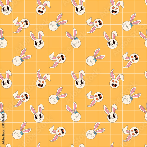 Groovy hippie Happy Easter seamless pattern. Easter backgrounds in trendy retro 60s 70s cartoon style.