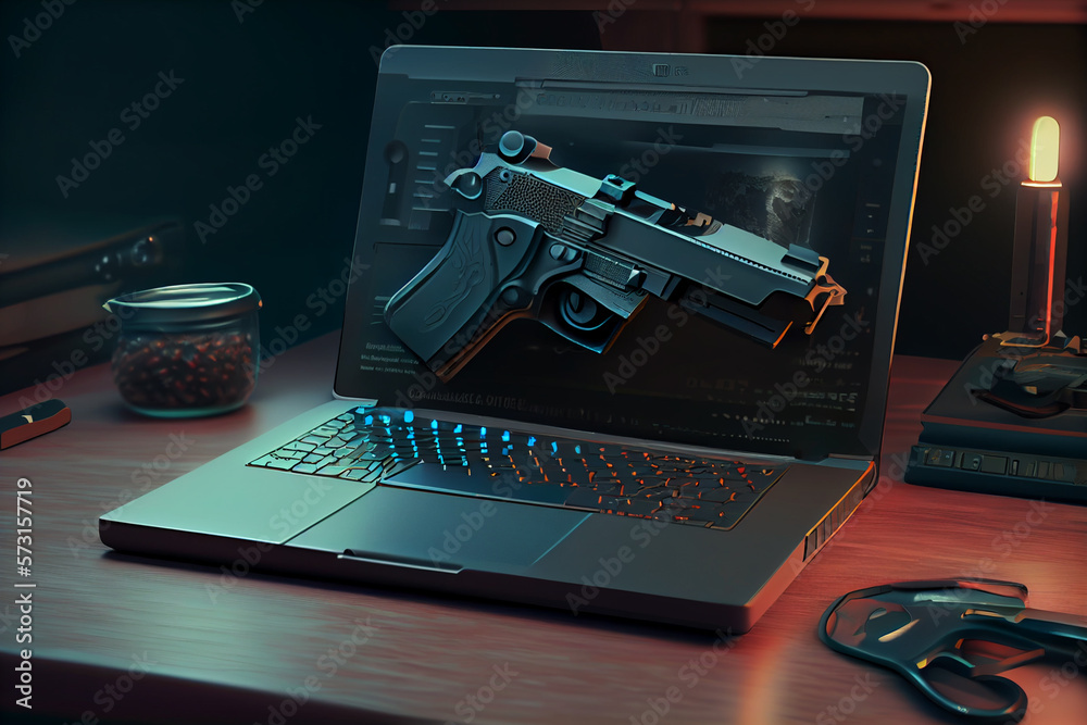 Illustration of gun and laptop. Cyber crime, hacker, ransomware, online