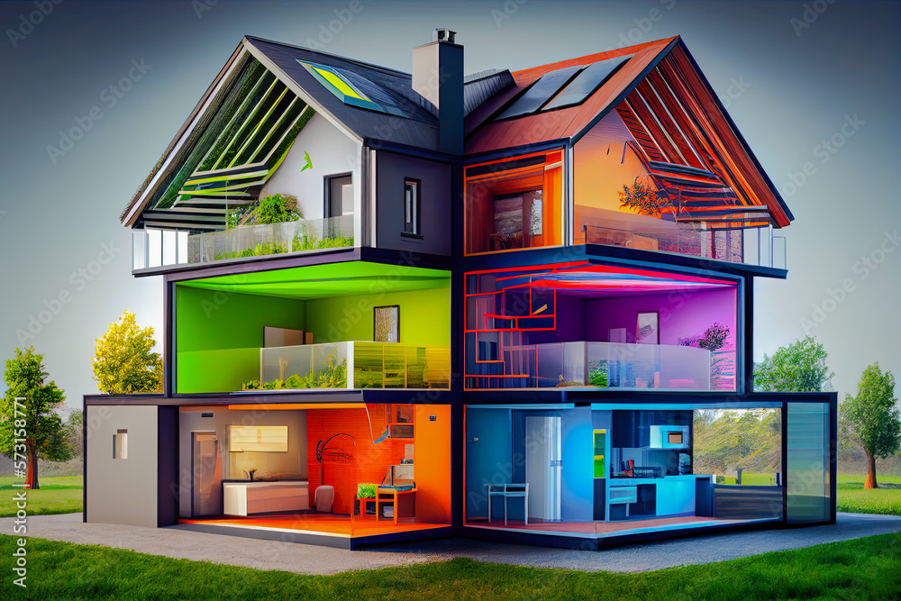 Exterior image of a new luxurious modern house, eco friendly living