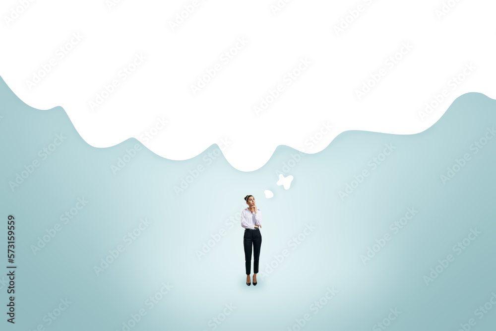 Thoughts and decision concept with pensive young woman on abstract light blue background with blank white speech bubble with place for advertising poster or text in form of cloud, mock up