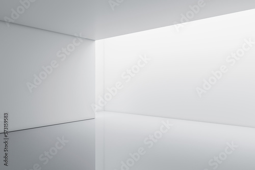 Perspective view on blank white box abstract hall illuminated walls with place for your product or car presentation on glossy floor. 3D rendering, mockup