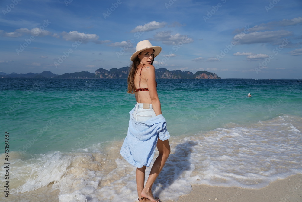 woman on the beach in krabi thailand, poda island, model shooting