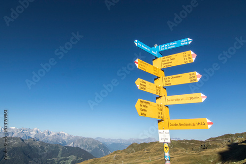 Trail post showing directions in Swiss Alps, Haute Route, Valais Canton, Switzerland photo
